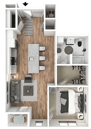 Floor plan for 1 bed, 1 bath, 857 sqft